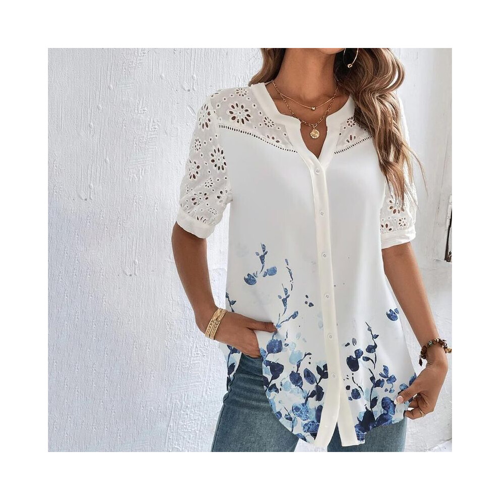 Maxpower (Sky Blue, Xl) Temperament Casual Lace Woman Shirt Fashion Loose Shirt Woman Elegant Short Sleeve Blouse Holiday Weekend