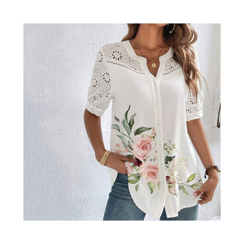 Maxpower (White, 5XL) Temperament Casual Lace Woman Shirt Fashion Loose Shirt Woman Elegant Short Sleeve Blouse Holiday Weekend