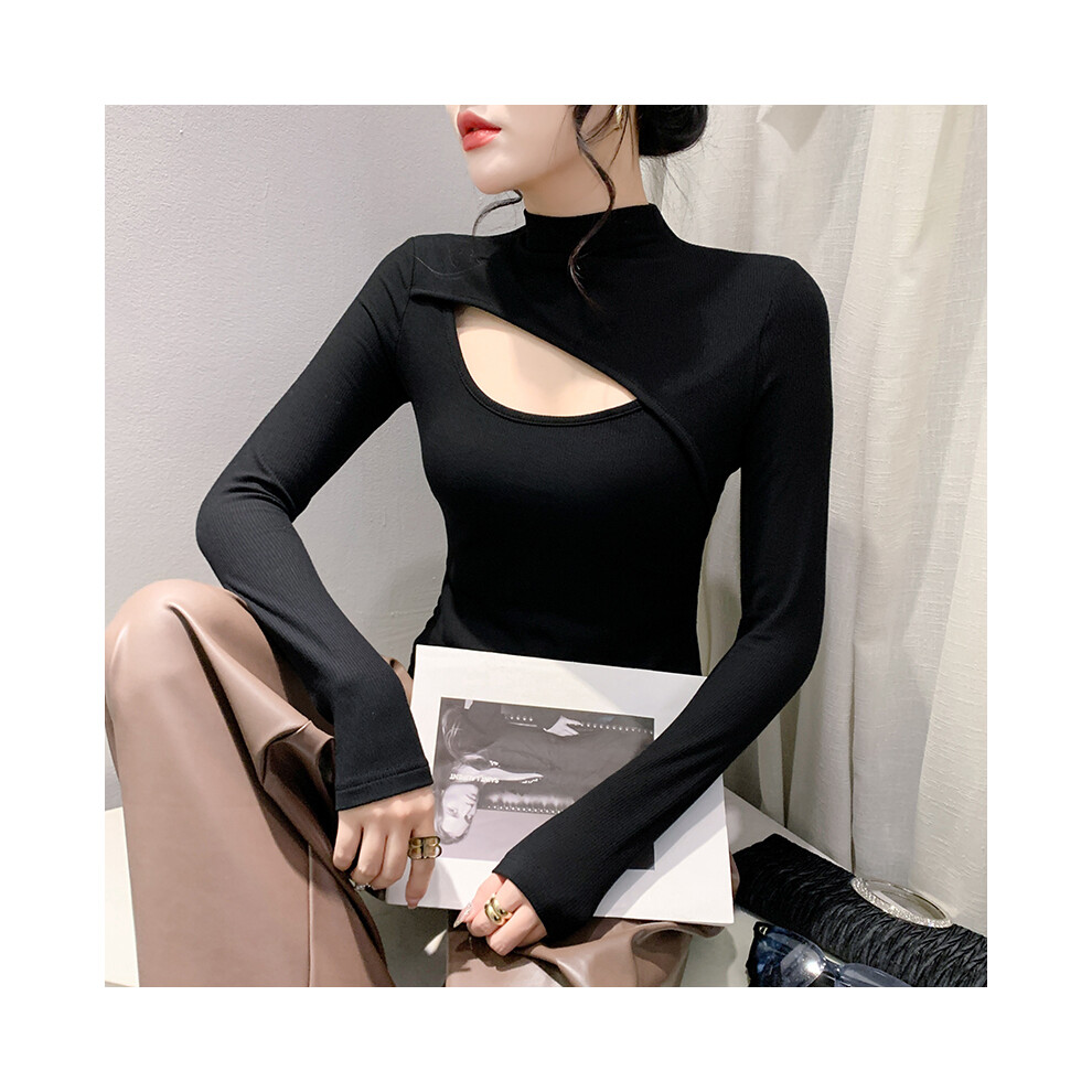 (black, L) #8098 Black Red Long Sleeve T Shirt Women Hollow Out Sexy Tight T-shirt Female Slim Stretch Cotton Streetwear Tee Split Joint