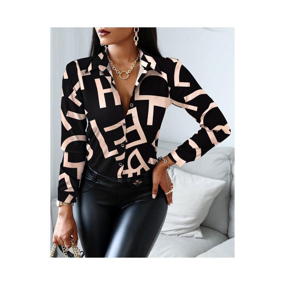 (9, L) Elegant Office Ladies Turn Down Colar Blouseshirt Women Vintage Popular Printing Slim Shirts Autumn  Fashion Long Sleeve Tops