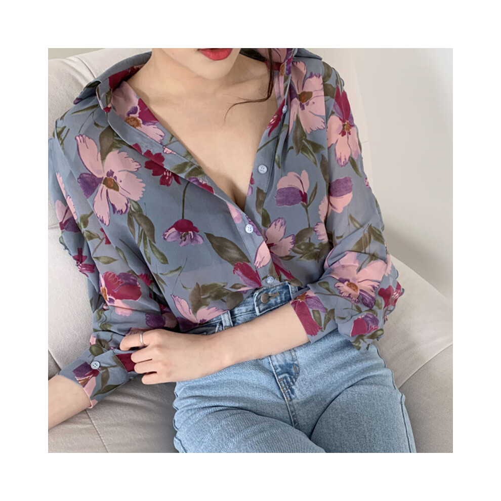 Maxpower (Beige, Xl) Summer Women's Floral Printed Blouse Chiffon Top V-Neck Long Sleeve Blouse Cream