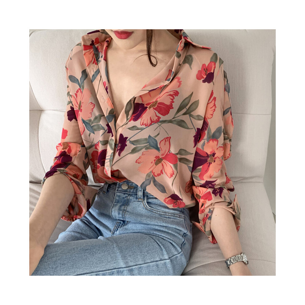 Maxpower (, Xxl) Summer Women's Floral Printed Blouse Chiffon Top V-Neck Long Sleeve Blouse Pink