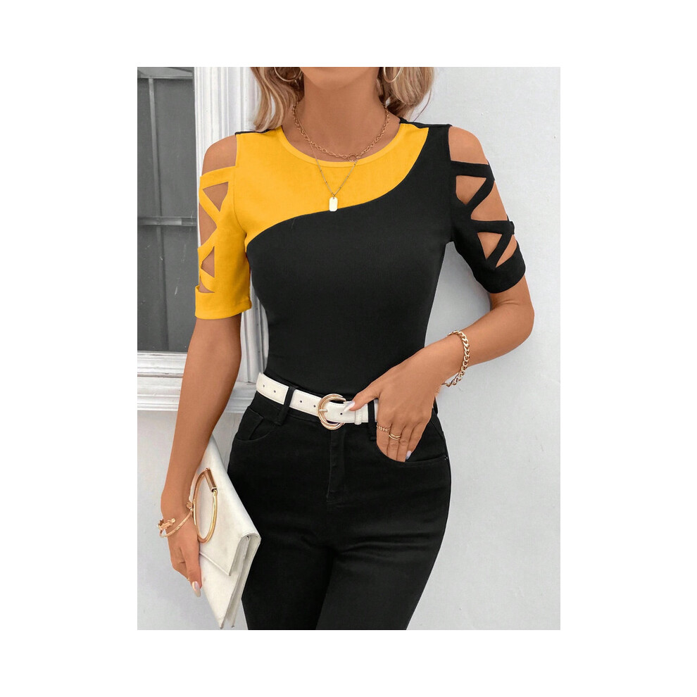 (Yellow, M) Women's Fashion Blouses T-shirt Summer New Color Block Cross Off Shoulder Slim Short Sleve Top T-shirt For Women Streetwear Tops