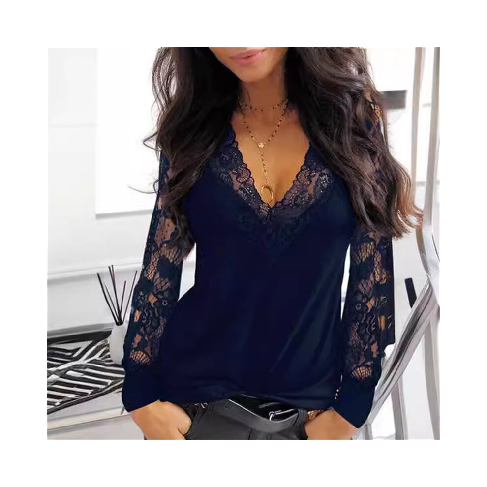 (HBL0810 Navy, XL) Ladies Sexy Fashion Lace Patchwork Hollow Shirts  Spring Women Blouses Black V-Neck Loose Casual Long Sleeve Y2k Clothes Top