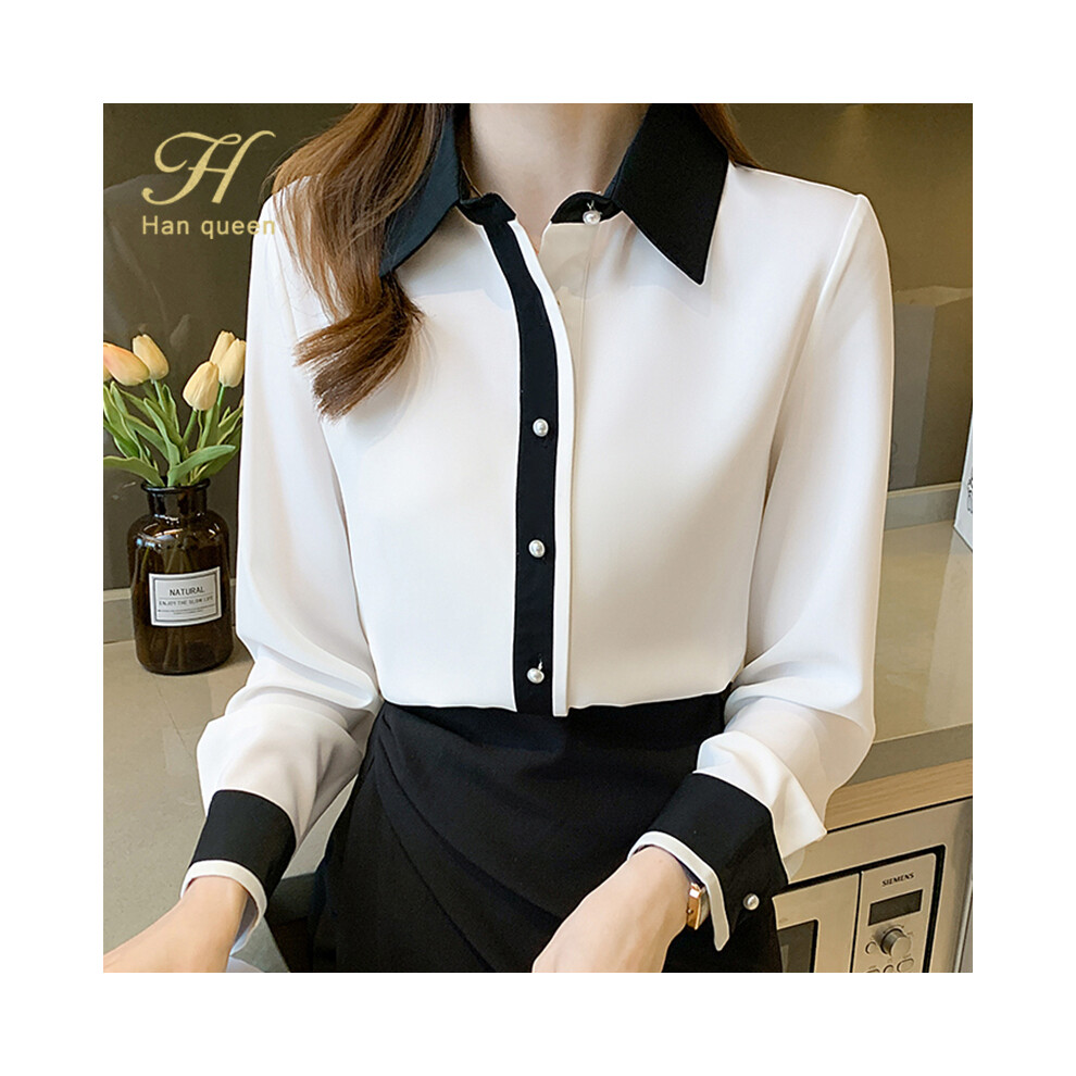 (Photo, L) Contrast Color Single Row Pearl Buckle Office Blouse Female Shirt Long Sleeve Casual Tops Autumn Women Loose Blouses