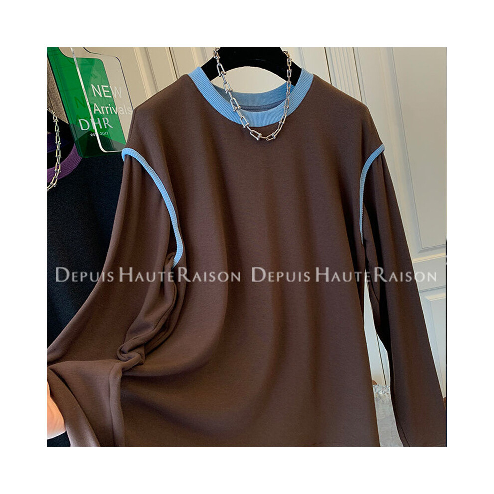 (Coffee, L) Oversized Patchwork Bottoming Shirt Women Clothes Simplicity O-neck Long Sleeve Interior Lapping T-Shirts Female Casual Top Tee