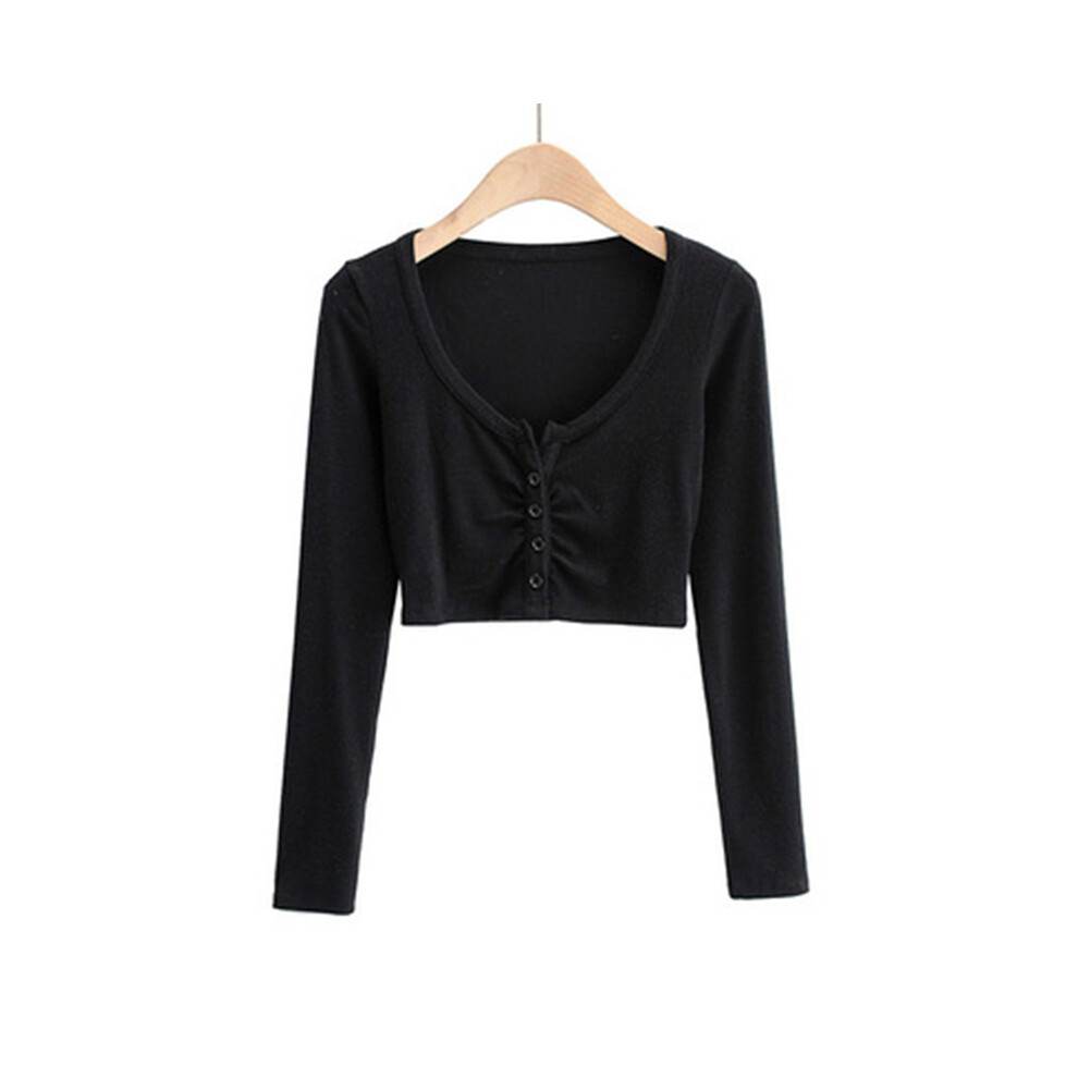 (black, L) Slim V-neck Long Sleeve Bottomed Womens Tops And Blouses High Street Solid Color Open Navel Cardigan