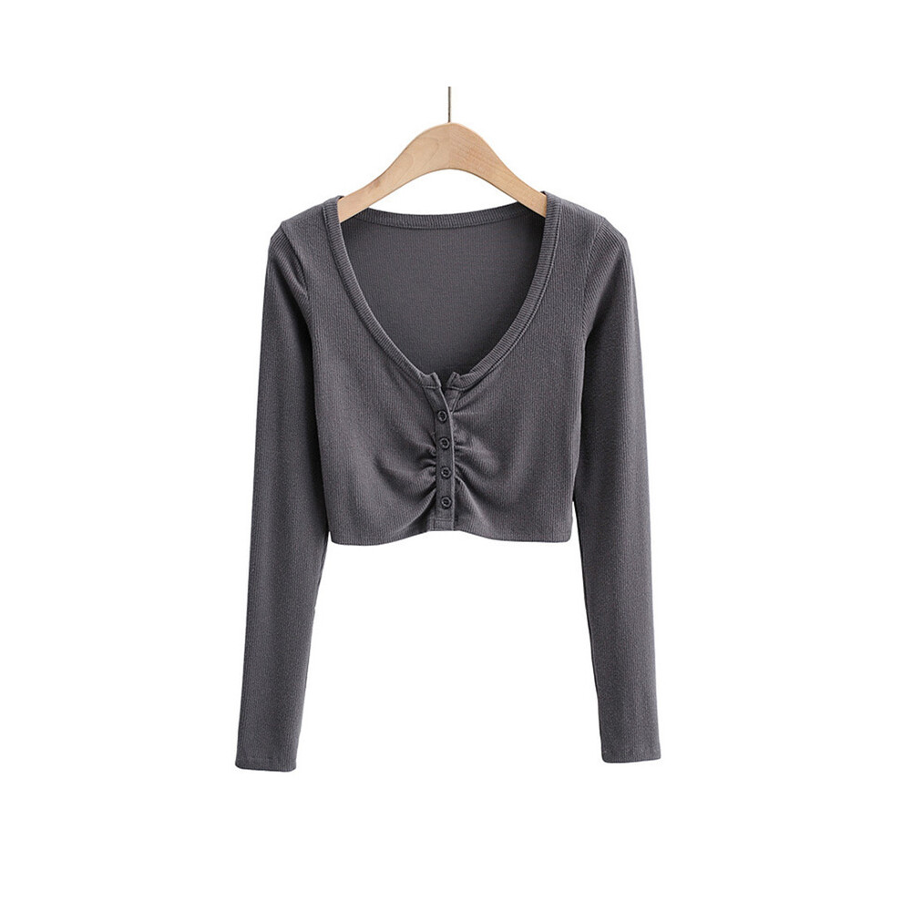 (GRAY, S) Slim V-neck Long Sleeve Bottomed Womens Tops And Blouses High Street Solid Color Open Navel Cardigan