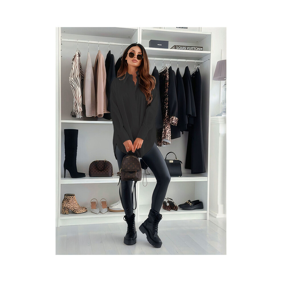 (ST24167 Black, L) Elegant Women White Shirt Turn Down Collar Long Sleeve Blouse Women Casual Oversize Shirts Woman Spring Autumn Blouses Pullover