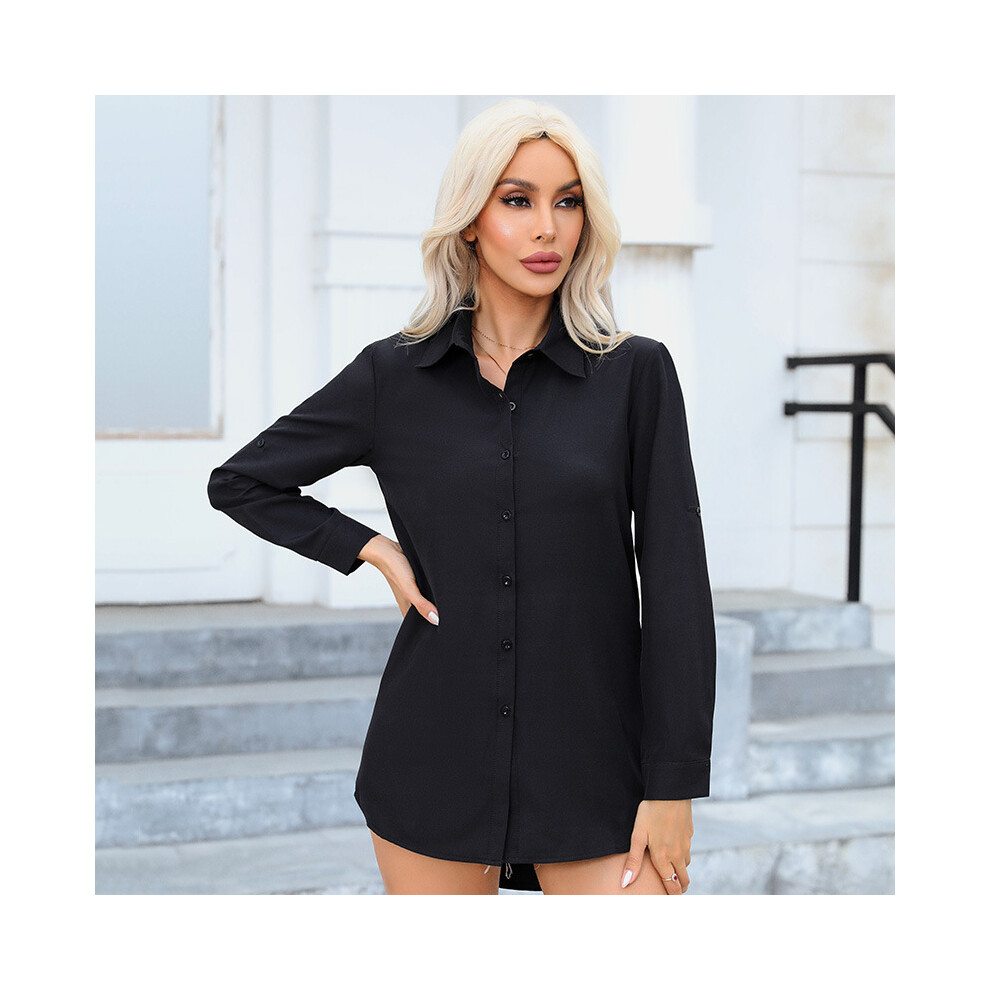 Maxpower (Black, S) Women's Pink Shirt Casual Loose Solid Color Long Spring And Summer Long-Sleeved Shirts