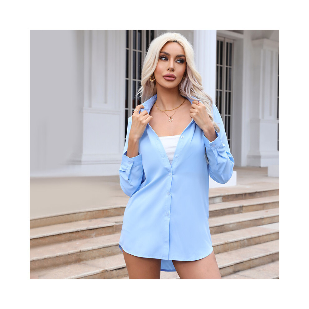 Maxpower (Blue, L) Women's Pink Shirt Casual Loose Solid Color Long Spring And Summer Long-Sleeved Shirts