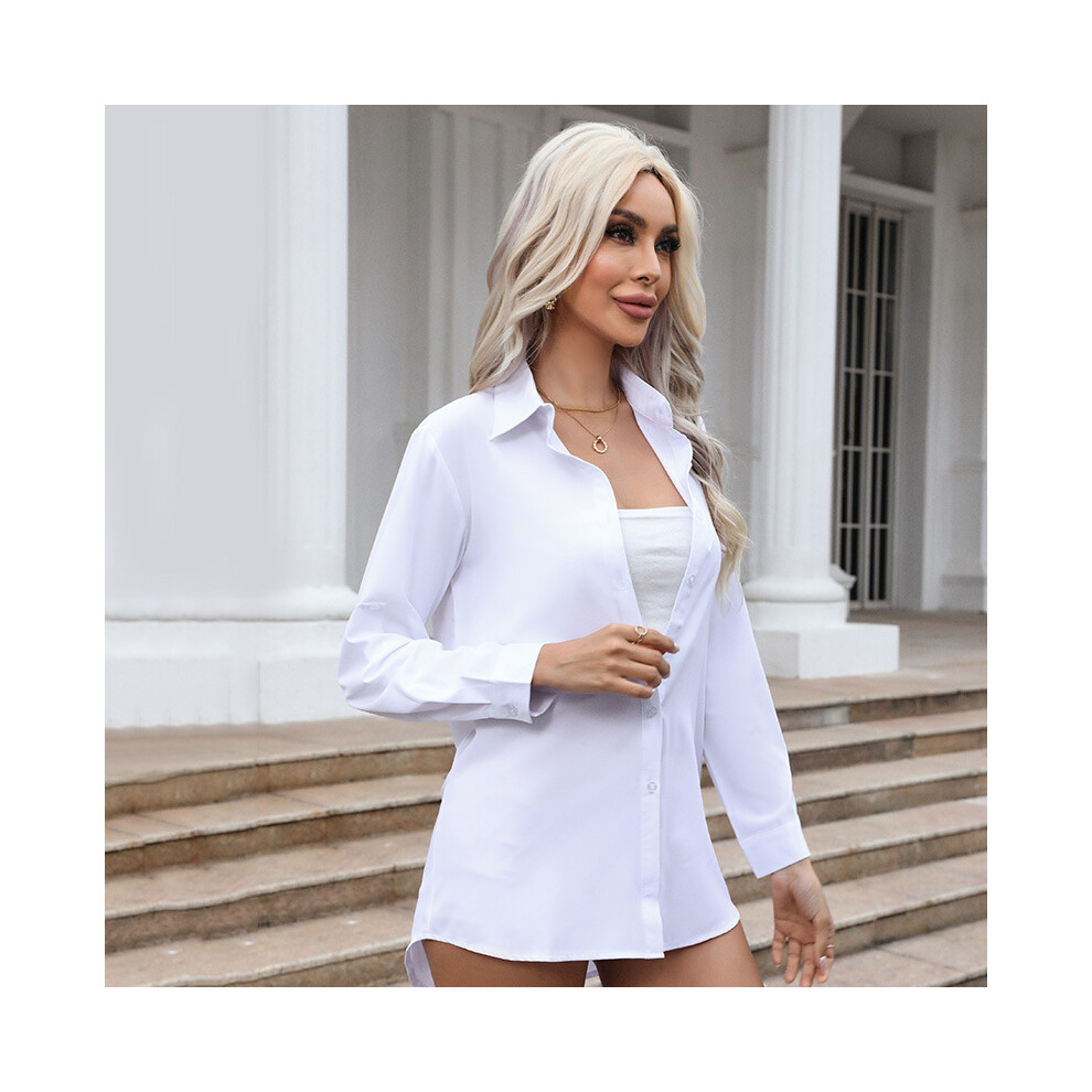 Maxpower (White, M) Women's Pink Shirt Casual Loose Solid Color Long Spring And Summer Long-Sleeved Shirts