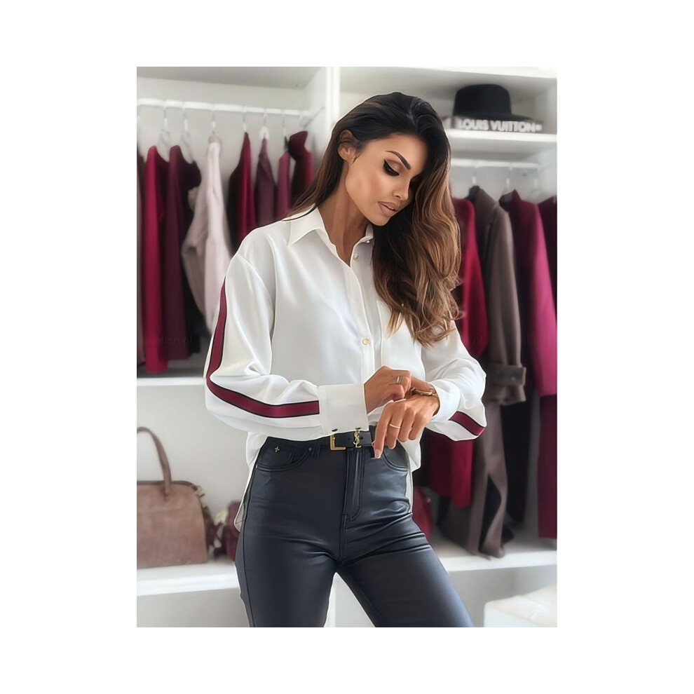 Maxpower (Red, S) Women Fall Spring White Shirt Basic Stripe Long Sleeves Loose Casual Office Shirt Office Tops Solid Blouses Fashion Street Blusa