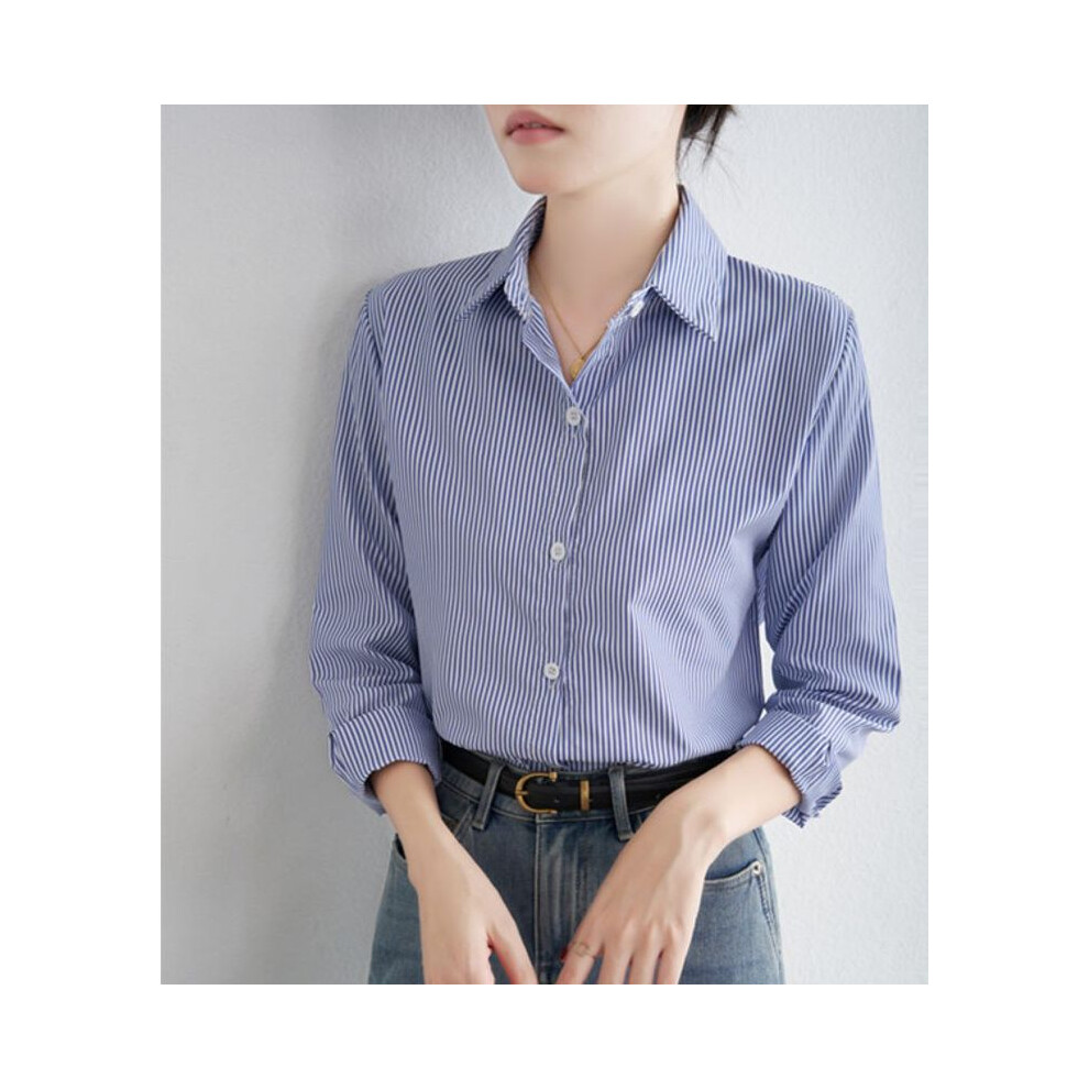 (Blue, XL) Blue Striped Shirt For Women Loose Spring Autumn Casual Long Sleeves Shirt Fashion Clothes For Ladies Office Lady Wear