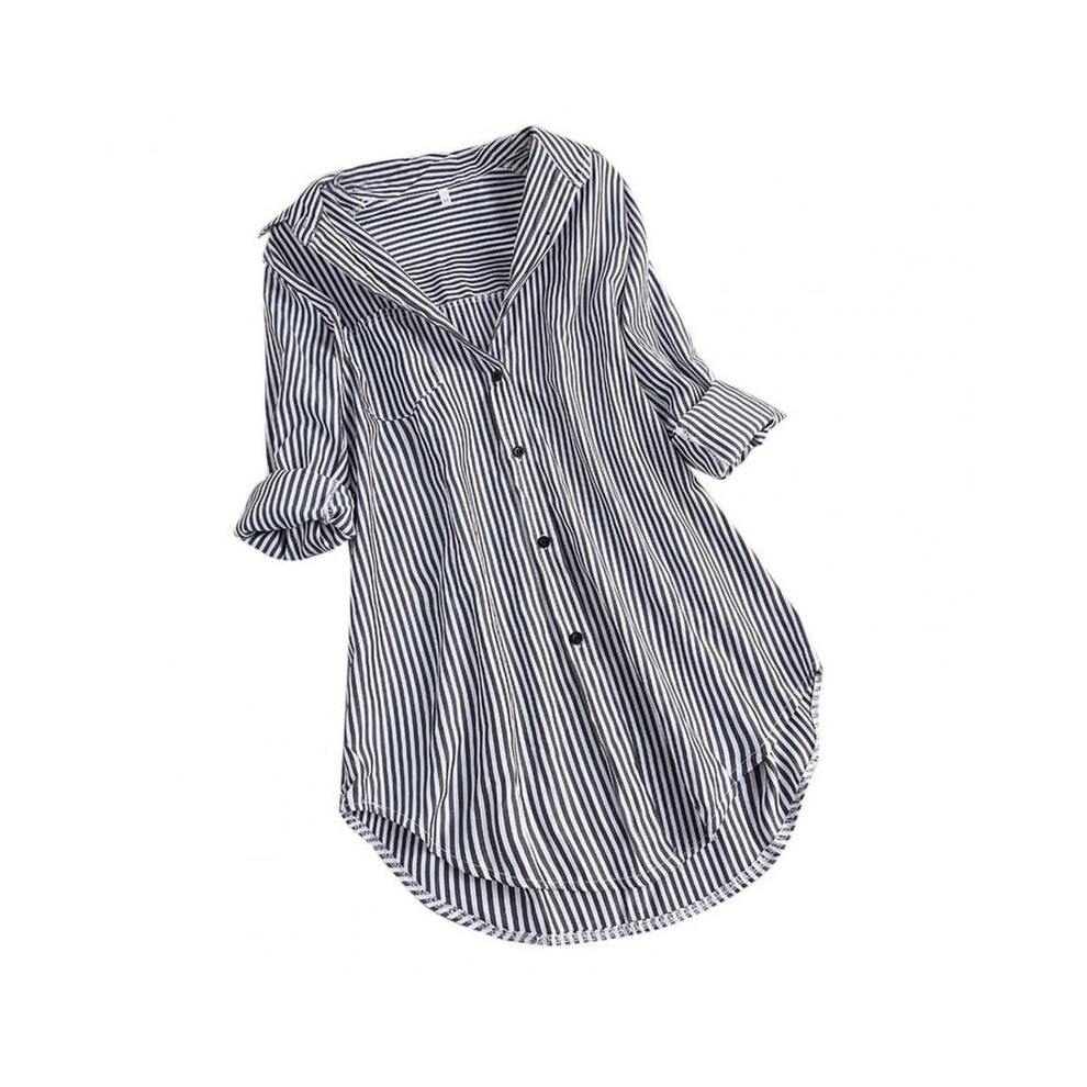 Maxpower (Black, 2XL) Women Tunic Shirt Striped Long-Sleeves V Neck Mid Long Turn-Down Collar Loose Fit Casual Summer Elegant Ladies Blouse Top