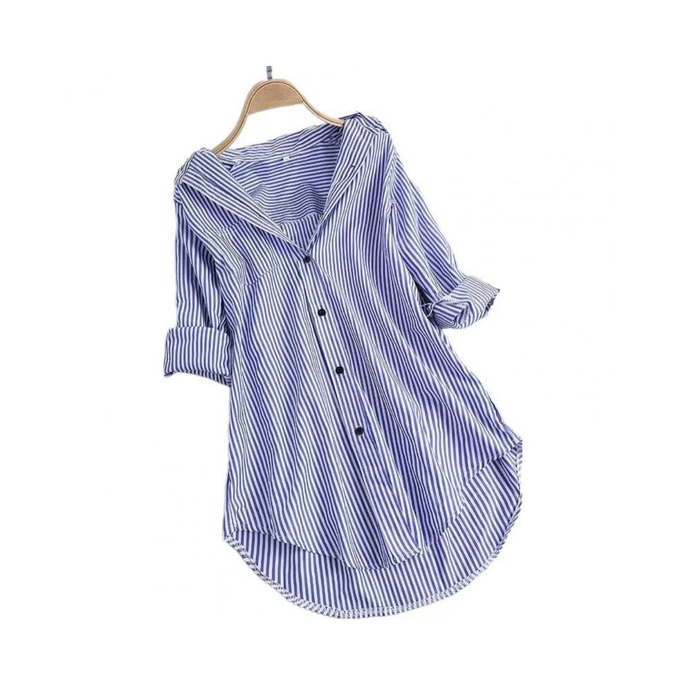 Maxpower (Blue, 2XL) Women Tunic Shirt Striped Long-Sleeves V Neck Mid Long Turn-Down Collar Loose Fit Casual Summer Elegant Ladies Blouse Top