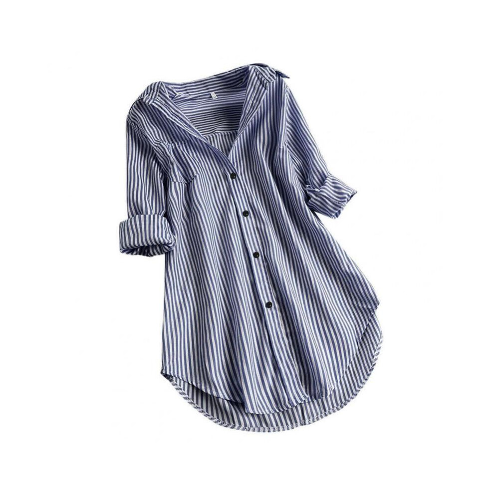 (Navy Blue, 4XL) Women Tunic Shirt Striped Long-sleeves V Neck Mid Long Turn-down Collar Loose Fit Casual Summer Elegant Ladies Blouse Top