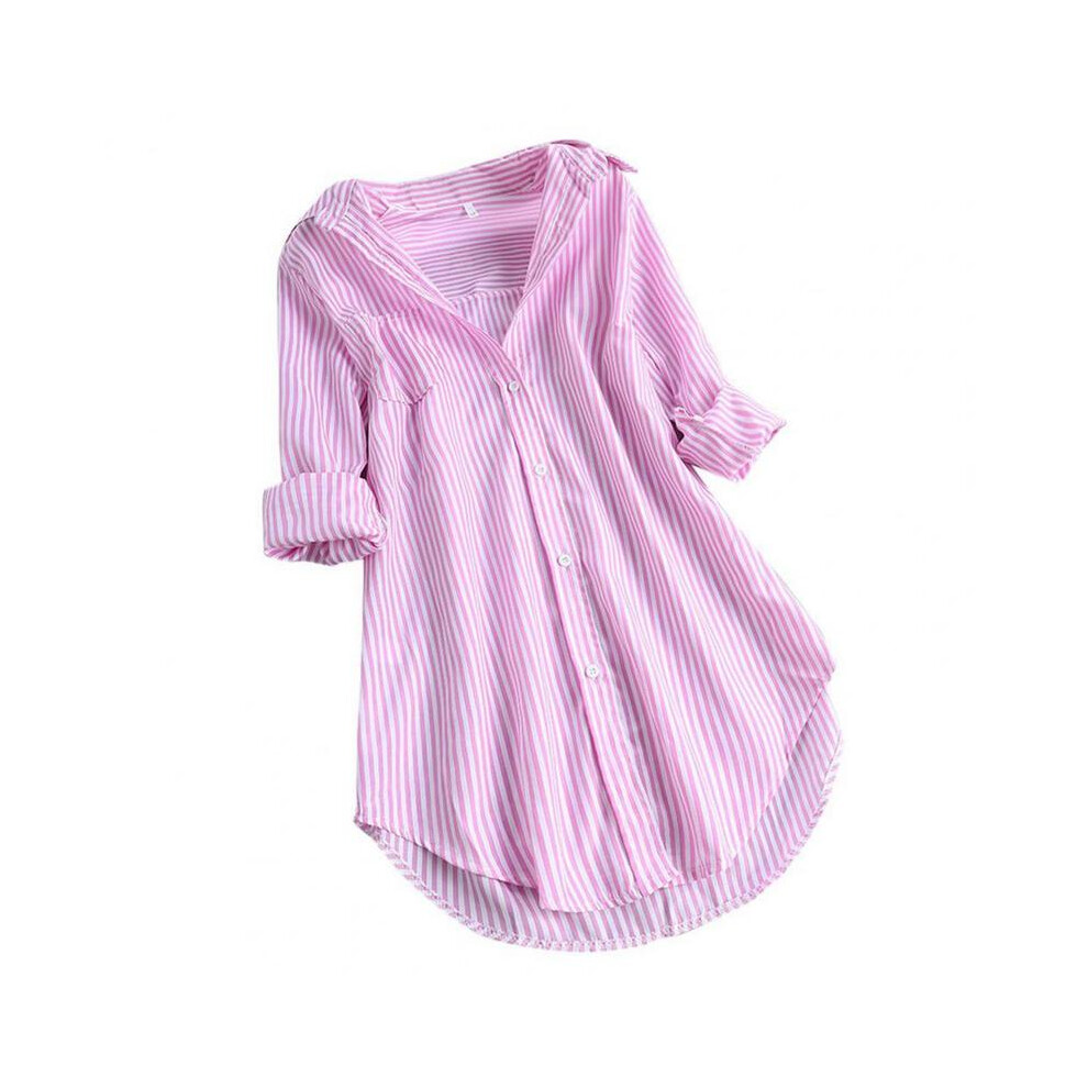 Maxpower (Pink, 2XL) Women Tunic Shirt Striped Long-Sleeves V Neck Mid Long Turn-Down Collar Loose Fit Casual Summer Elegant Ladies Blouse Top
