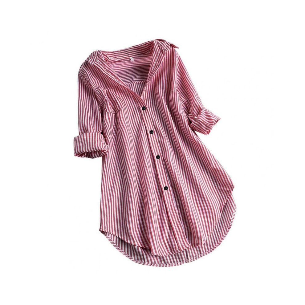 (Red, M) Women Tunic Shirt Striped Long-sleeves V Neck Mid Long Turn-down Collar Loose Fit Casual Summer Elegant Ladies Blouse Top
