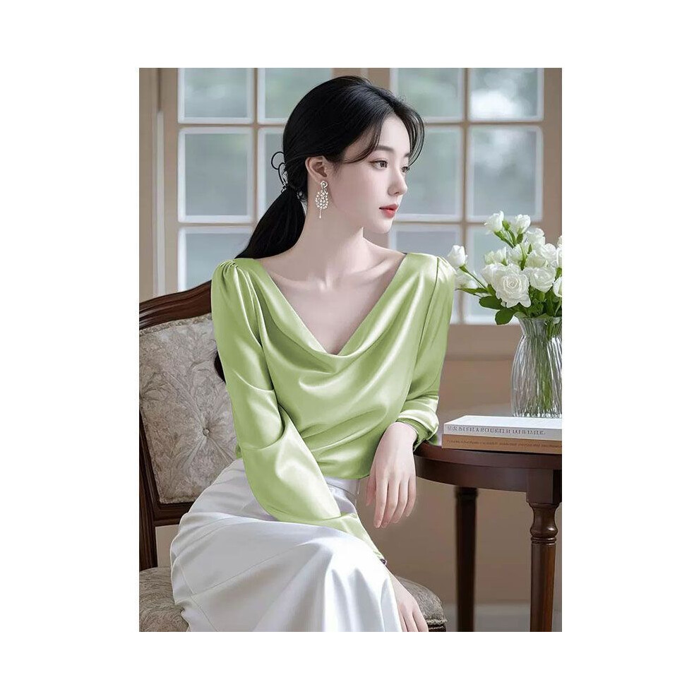(green, XXL) Satin Blouse Ladies  New Spring Temperament Solid Color Long Sleeve Top Tee Simplicity Pleated Pullover Women's Shirt Tops