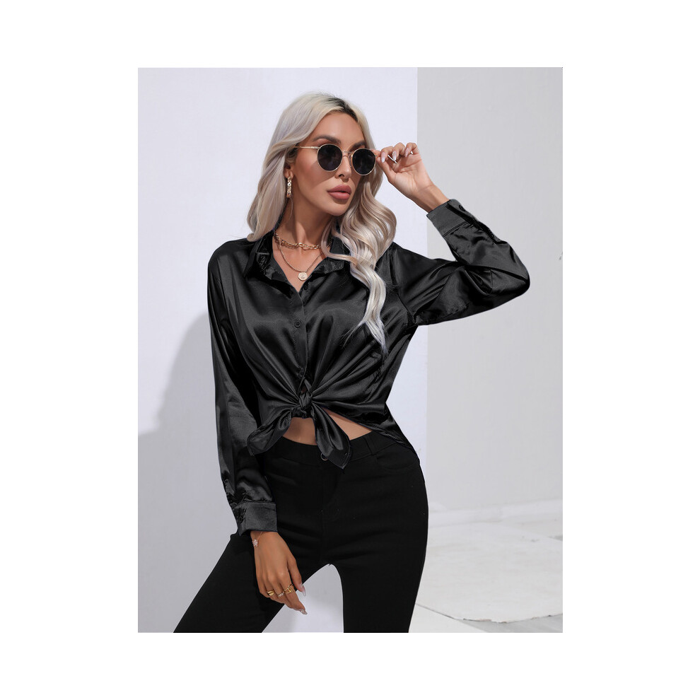 (black, L) Elegant Women Satin Imitation Silk Long Sleeve Shirt Autumn Winter Solid Color Office Ladies Lapel Button Shirt Women's Clothing