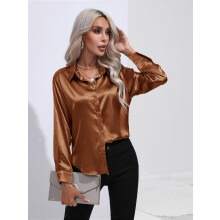 (Dark Brown, M) Elegant Women Satin Imitation Silk Long Sleeve Shirt Autumn Winter Solid Color Office Ladies Lapel Button Shirt Women's Clothing