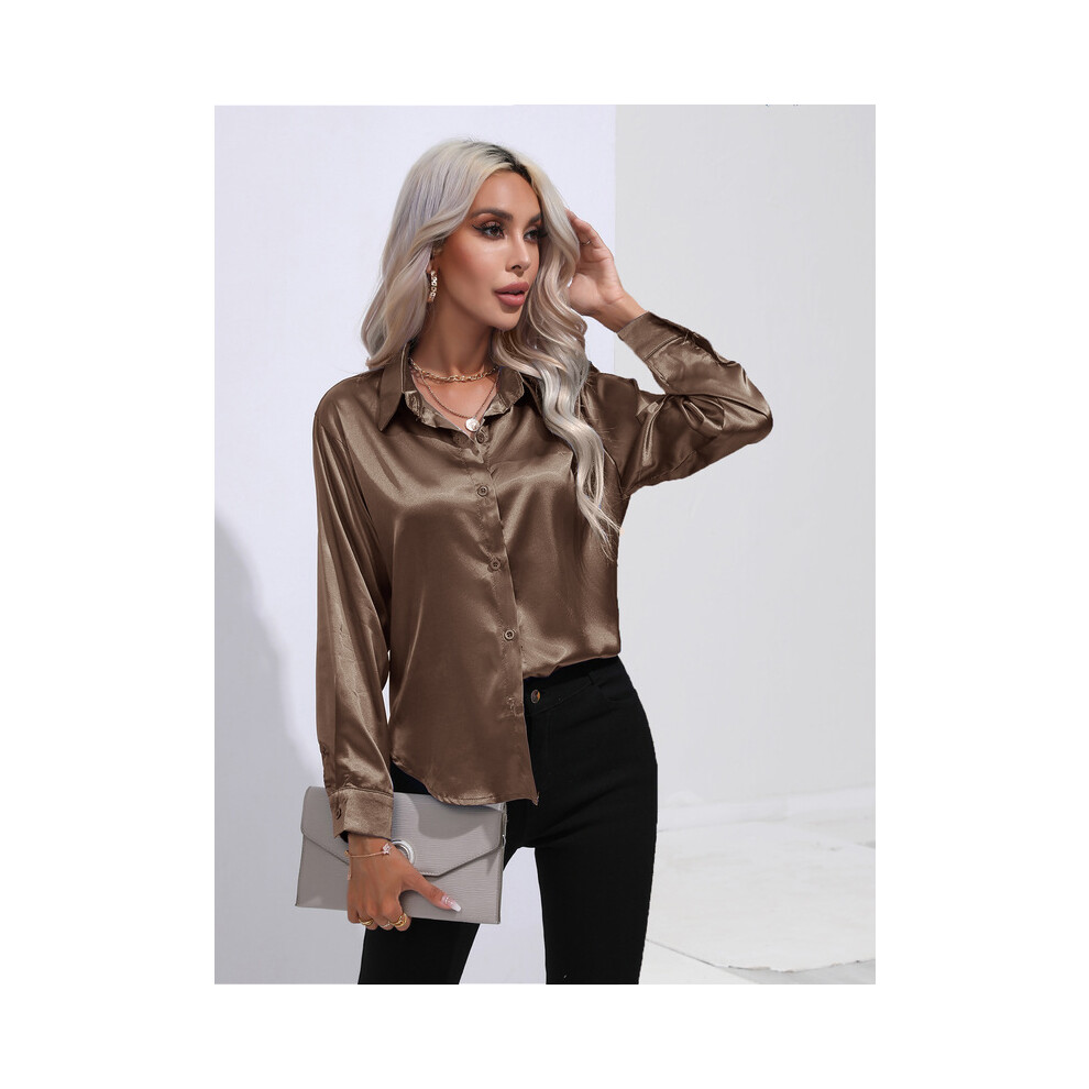 (Khaki, S) Elegant Women Satin Imitation Silk Long Sleeve Shirt Autumn Winter Solid Color Office Ladies Lapel Button Shirt Women's Clothing-image-OPC-PG8YCK8-NEW