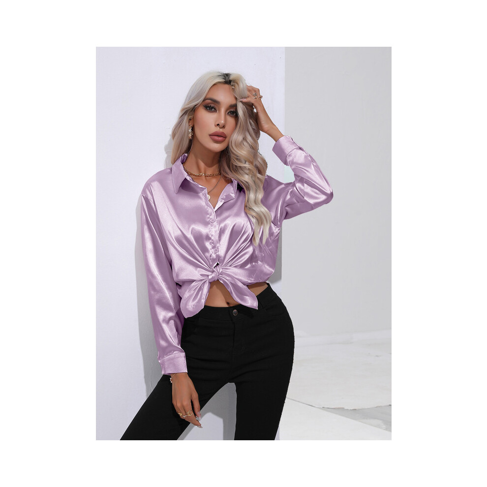 (Lavender, M) Elegant Women Satin Imitation Silk Long Sleeve Shirt Autumn Winter Solid Color Office Ladies Lapel Button Shirt Women's Clothing