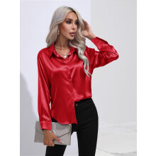 (Red, XXL) Elegant Women Satin Imitation Silk Long Sleeve Shirt Autumn Winter Solid Color Office Ladies Lapel Button Shirt Women's Clothing