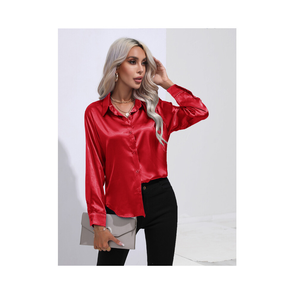 (Red, XXL) Elegant Women Satin Imitation Silk Long Sleeve Shirt Autumn Winter Solid Color Office Ladies Lapel Button Shirt Women's Clothing