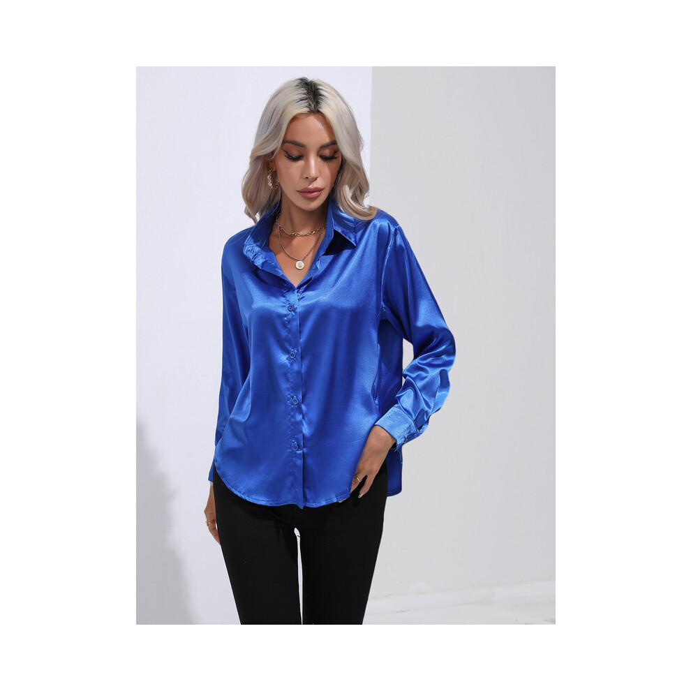 (ROYAL BLUE, XL) Elegant Women Satin Imitation Silk Long Sleeve Shirt Autumn Winter Solid Color Office Ladies Lapel Button Shirt Women's Clothing