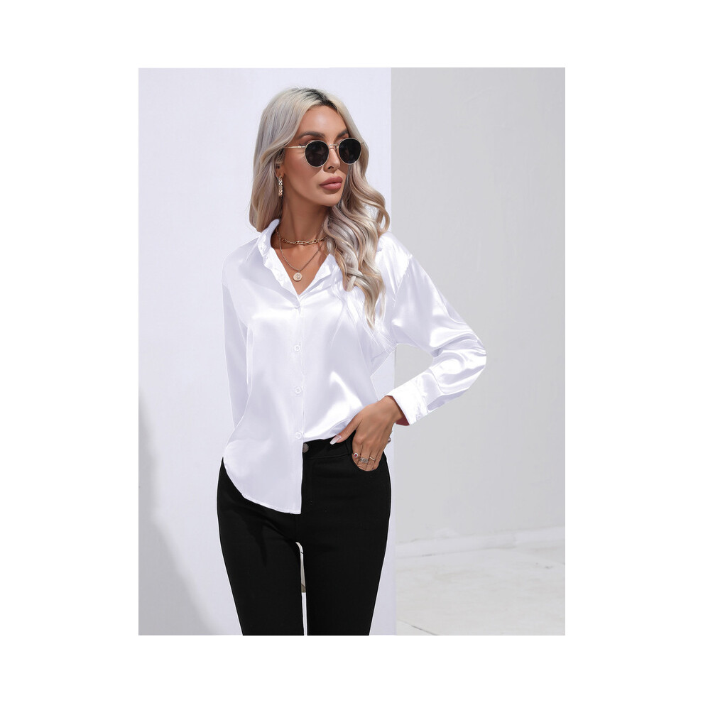 (WHITE, L) Elegant Women Satin Imitation Silk Long Sleeve Shirt Autumn Winter Solid Color Office Ladies Lapel Button Shirt Women's Clothing-image-OPC-PG8YCMR-NEW