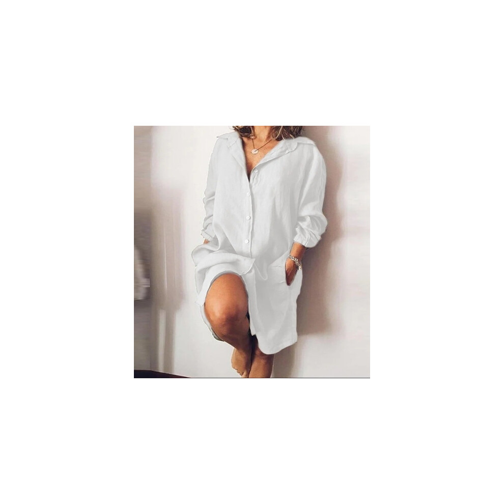 (A, L) Women's Cotton Mid Long Sleeved Solid Cardigan Shirt Women's Blouses Trend  Casual Long Sleeve Top