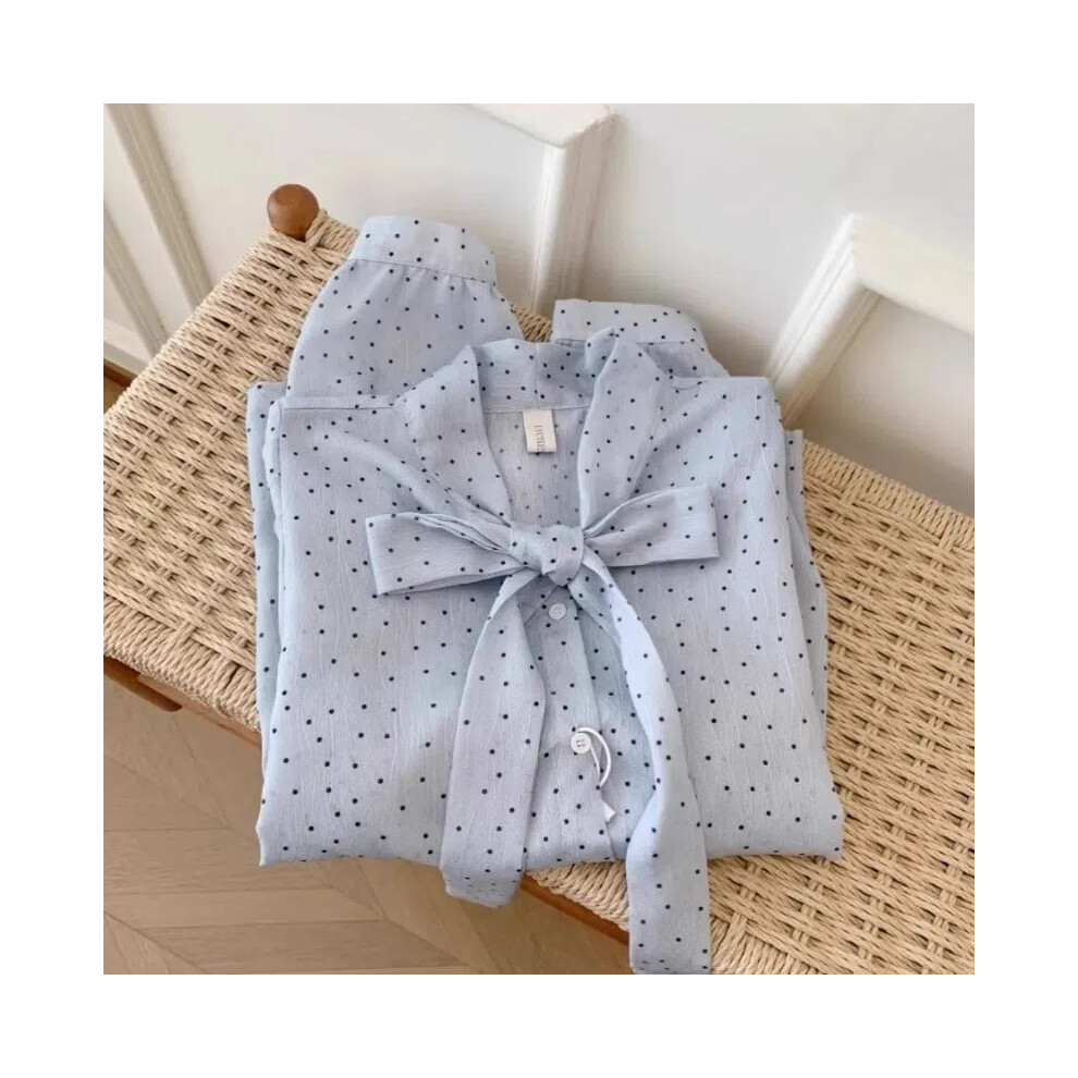 (Light  Blue, L) Blue Bow Lacing Chiffon Elegant Blouse Women Clothing Spring New Long Sleeve Polka Dot Print Fashion Shirt Tops Vintage Casual