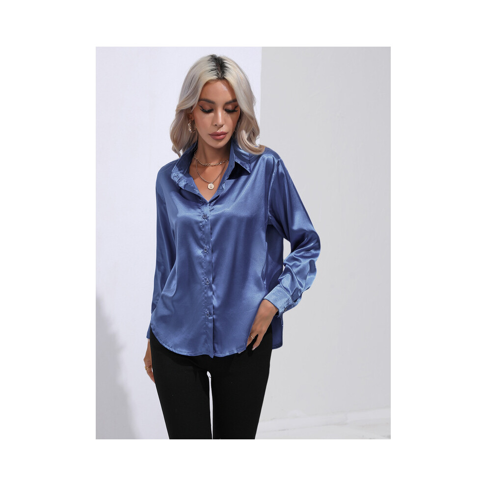 (1, L) Spring Satin Shirt Women Loose Button Up Blouse Shirt Ladies Imitation Silk Long Sleeve Shirt For Women