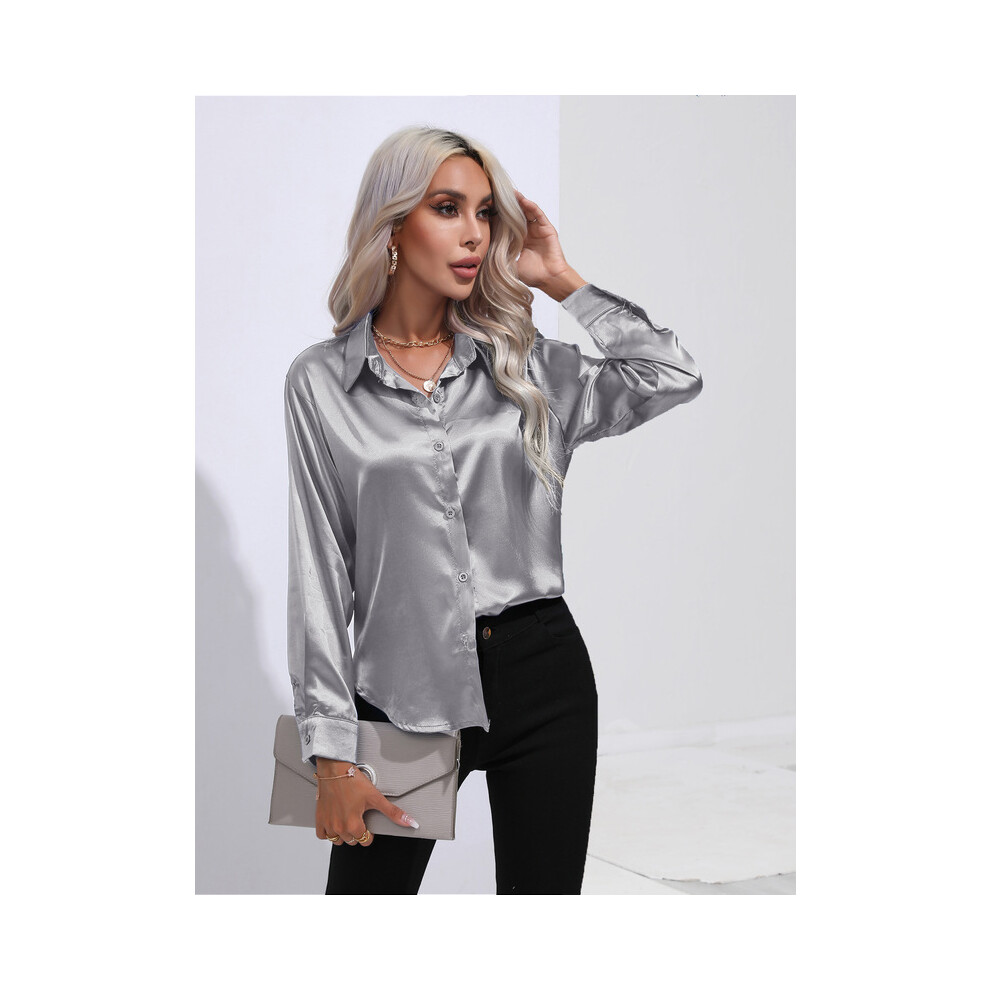 (2, XXL) Spring Satin Shirt Women Loose Button Up Blouse Shirt Ladies Imitation Silk Long Sleeve Shirt For Women