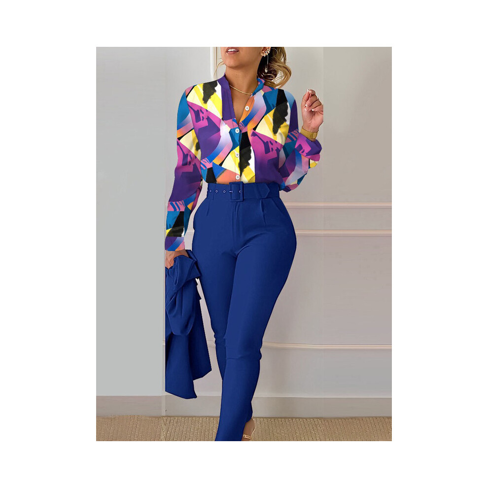 (DEEP BLUE, XL) Women's Printed Long Sleeved Shirt Suit Spring Summer Slim High Waist Lace Up Elegant Female Office Pencil Pants Two Piece Set