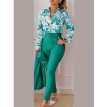 (green, M) Women's Printed Long Sleeved Shirt Suit Spring Summer Slim High Waist Lace Up Elegant Female Office Pencil Pants Two Piece Set