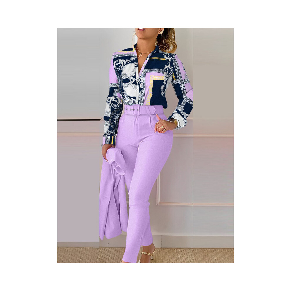 (Light Purple, S) Women's Printed Long Sleeved Shirt Suit Spring Summer Slim High Waist Lace Up Elegant Female Office Pencil Pants Two Piece Set-image-OPC-PG8YD9N-NEW