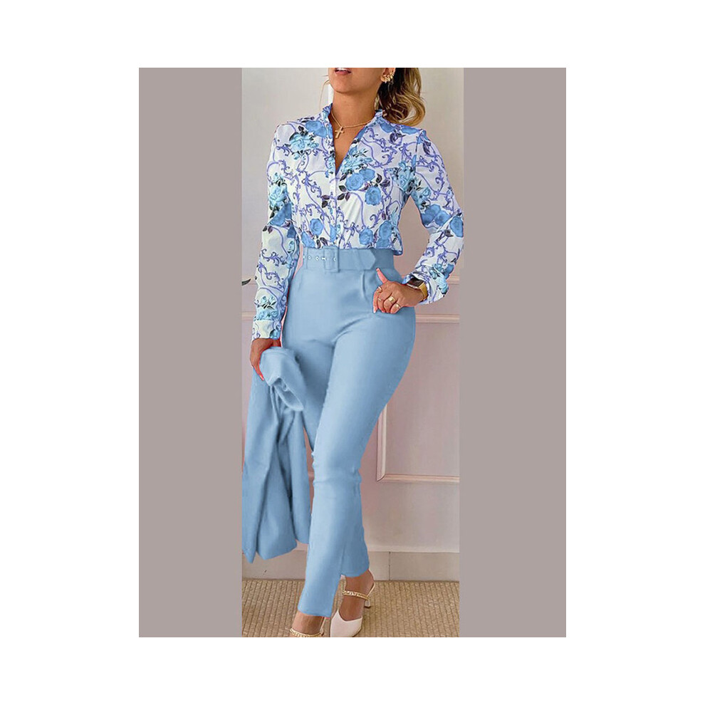 (SKY BLUE, L) Women's Printed Long Sleeved Shirt Suit Spring Summer Slim High Waist Lace Up Elegant Female Office Pencil Pants Two Piece Set
