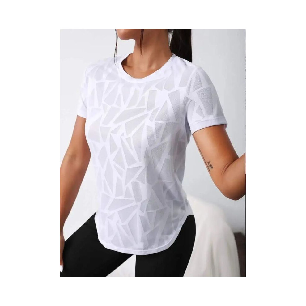 (WHITE, XL) Womens Chic Geometric Print T-Shirt - Flattering Curved Hem Lightweight Crew Neck Short Sleeves - Perfect Casual Top for Sprin