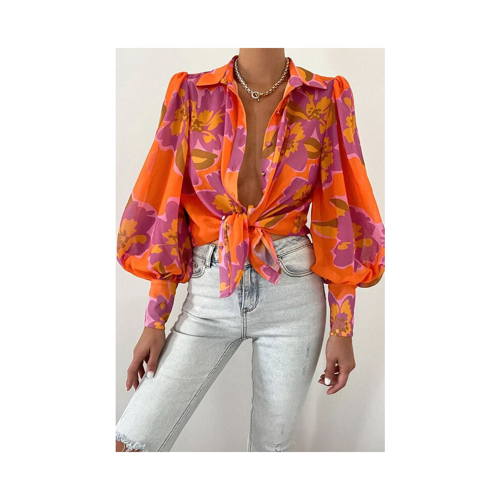 (orange, M) Spring Long Sleeve Top  New Print Retro Hong Kong Style Shirt Women Design Lantern Sleeve Single Breasted Blouse Femme Blusa