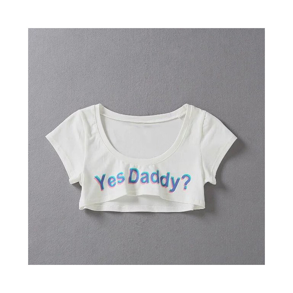 (WHITE, One Size) 1 PC  Women Sexy Crop Tops Short Sleeve Cropped Shirts Summer Yes Daddy Letter Print T Shirt