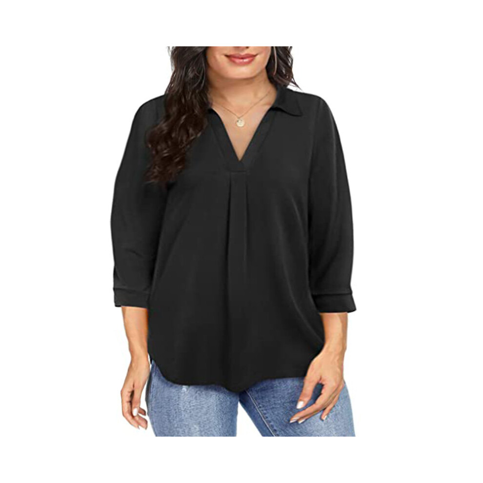 (Black, 1XL) Women' Plus Size Chiffon women's pullover oversized loose V-neck shirt top  plus size women clothing