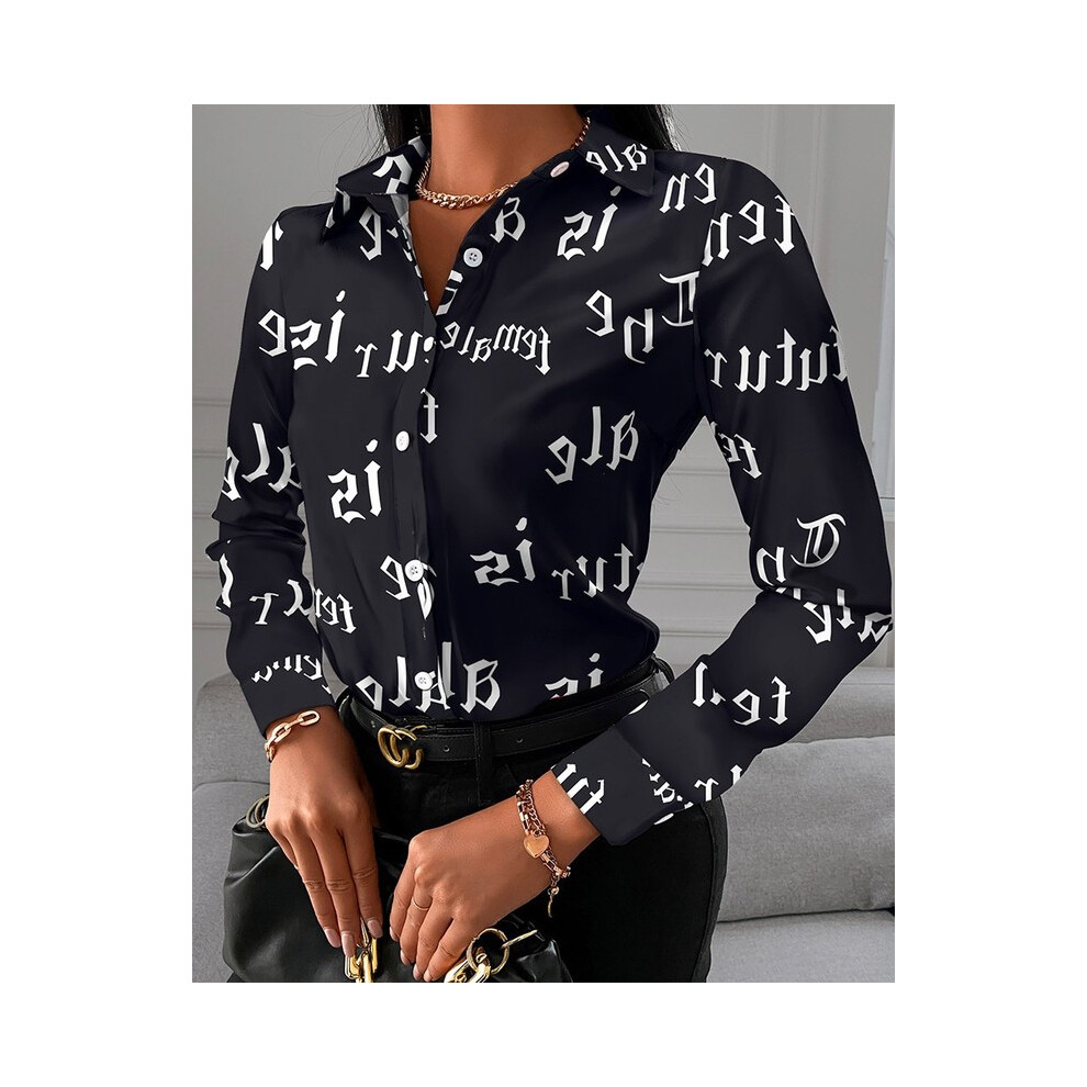 Maxpower ( Letters, M) Autumn Trend Women's Fashionable All-Match Shirt Chain/Floral/Letter/Geometric Square Print Lapel Button Long Sleeve Shirt Black
