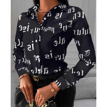 (Black letters, S) Autumn Trend Women's Fashionable All-match Shirt Chain/Floral/Letter/Geometric Square Print Lapel Button Long Sleeve Shirt