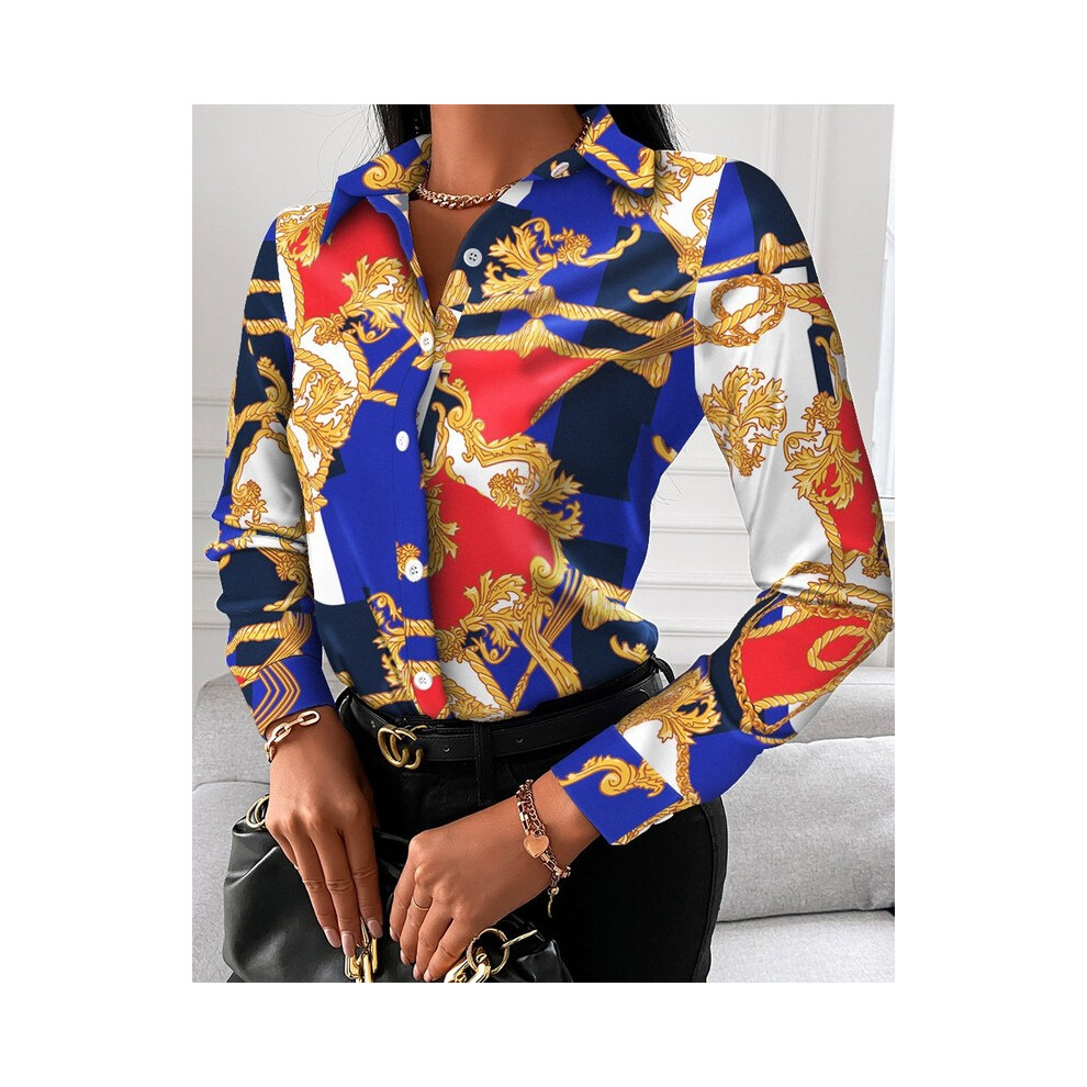 Maxpower ( Chain, M) Autumn Trend Women's Fashionable All-Match Shirt Chain/Floral/Letter/Geometric Square Print Lapel Button Long Sleeve Shirt Blue