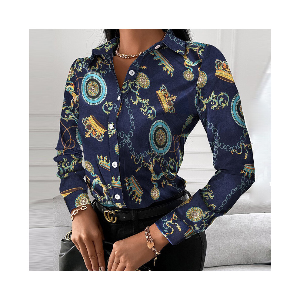 Maxpower ( Crown, Xl) Autumn Trend Women's Fashionable All-Match Shirt Chain/Floral/Letter/Geometric Square Print Lapel Button Long Sleeve Shirt Blue