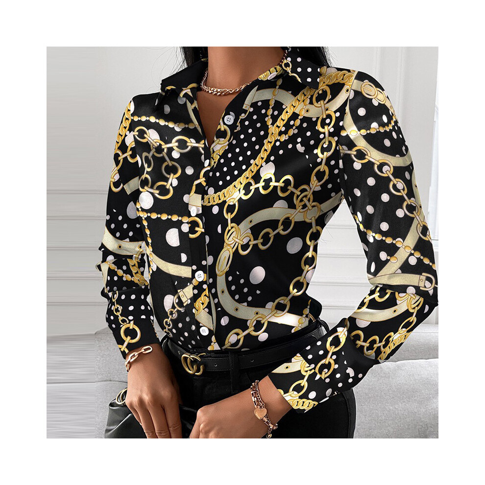Maxpower (Dot Chain, M) Autumn Trend Women's Fashionable All-Match Shirt Chain/Floral/Letter/Geometric Square Print Lapel Button Long Sleeve Shirt Not,Specified