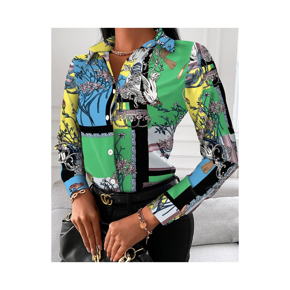 Maxpower ( Printing, M) Autumn Trend Women's Fashionable All-Match Shirt Chain/Floral/Letter/Geometric Square Print Lapel Button Long Sleeve Shirt Green